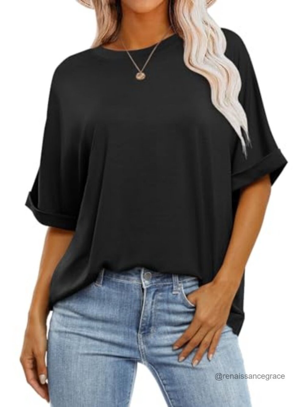 Womens Oversized Tunic T-Shirt Short Roll Sleeve Crewneck Casual Tee